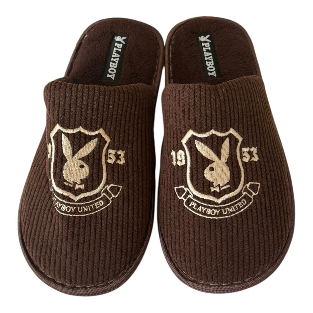 PLAYBOY Men’s Slip On Open Back Brown Bunny Head Slippers Memory Foam Size M NEW